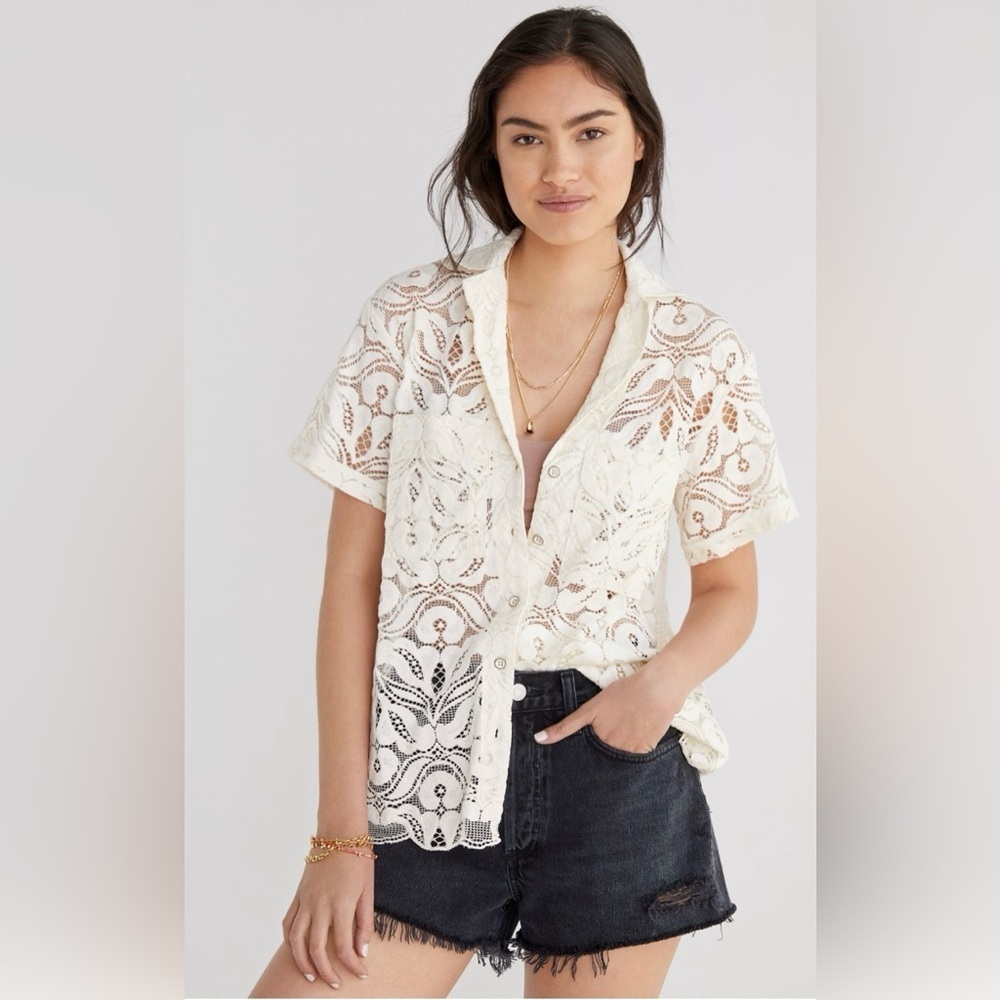 Maeve Lace Button-Up Surf Shirt Cream NWT XS Rare